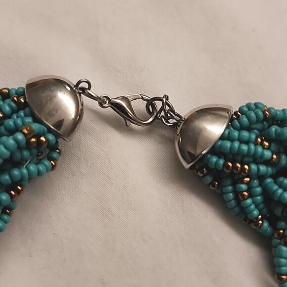 Turquoise Braided Seed Bead Collar Necklace 16x1.5 In. Euro Summer Resortwear - Picture 2 of 8